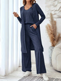 Blue women's casual suit set with polyester trousers, matching long-sleeved top and black suspenders