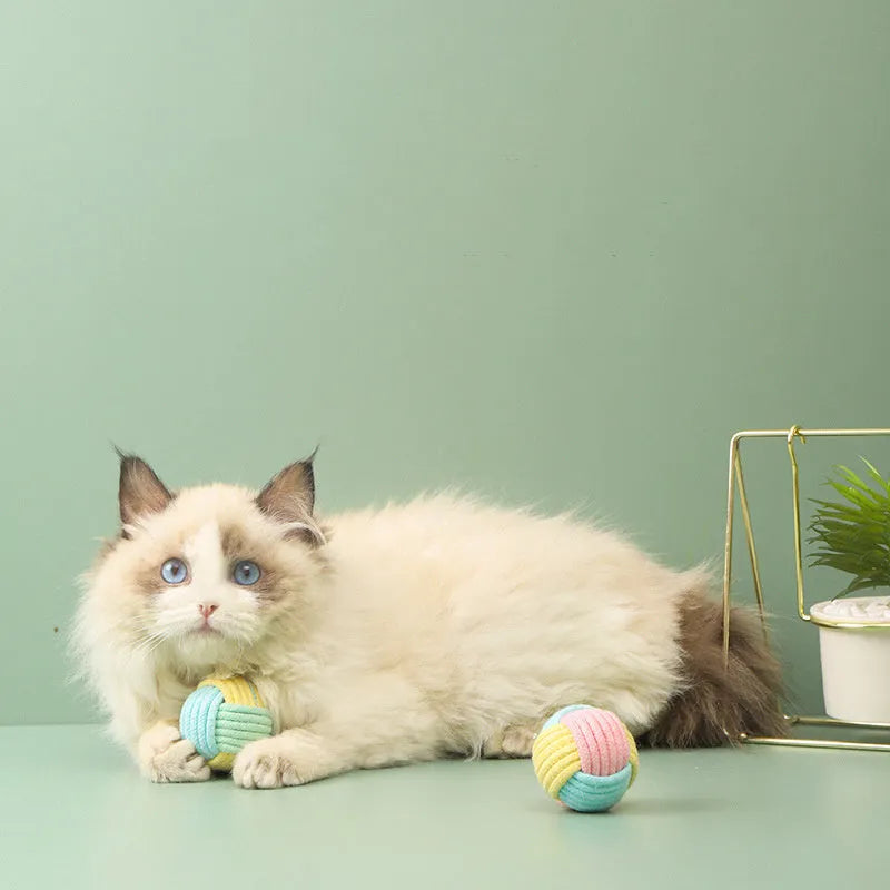 Handmade cat hair ball plush cotton ball interactive toy in blue powder green blue pink green colours