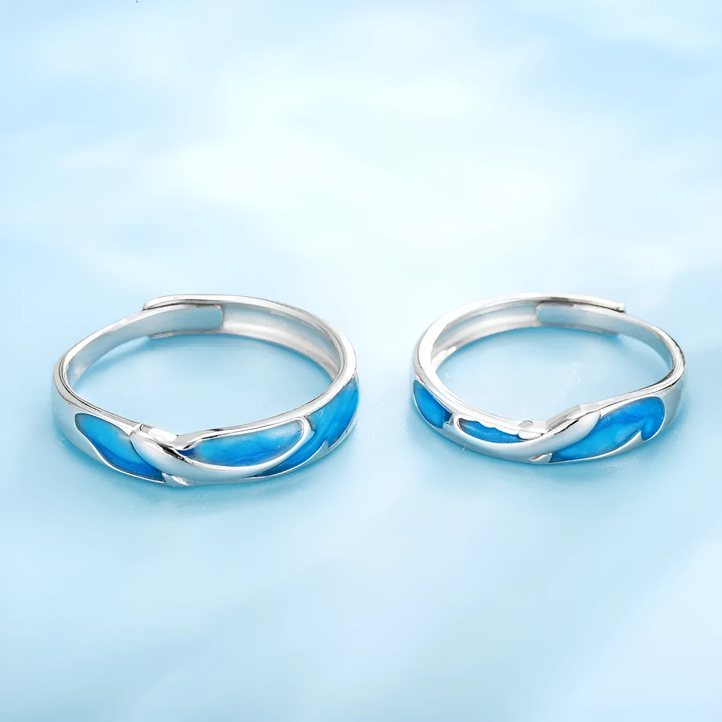 Silver adjustable couple ring with dolphin zodiac motif on white background