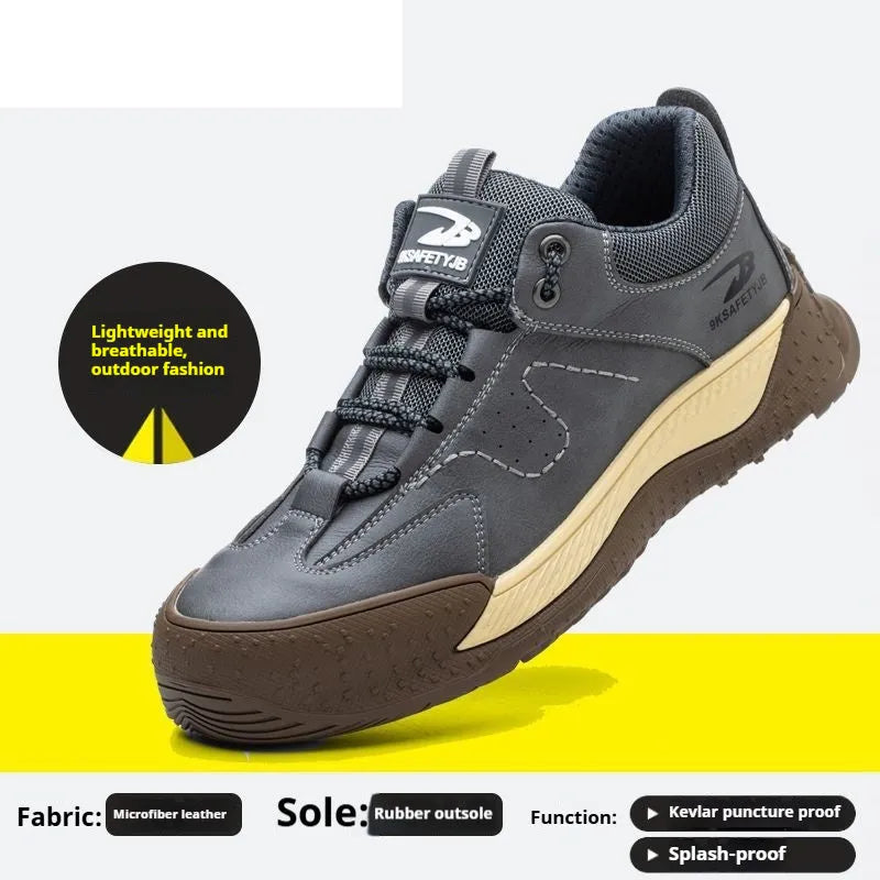 Flyknit leather work shoes with a rubber sole in black, shown on a size 42 foot.