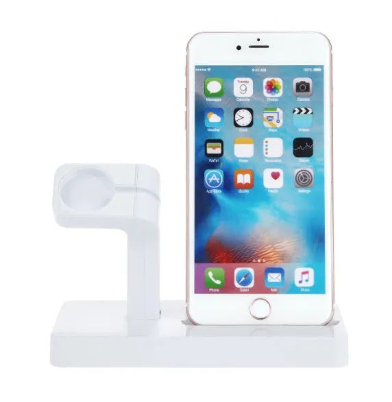 White 2-in-1 desktop charging dock holding an iPhone and an Apple Watch, showing cable cutout and non-slip base.