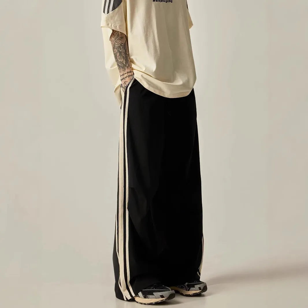 Black men's wide leg climbing trousers with high waist and straight leg design