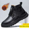 Men's high-top Martin boots in black with warm velvet lining, rubber sole, and visible sewing thread details.