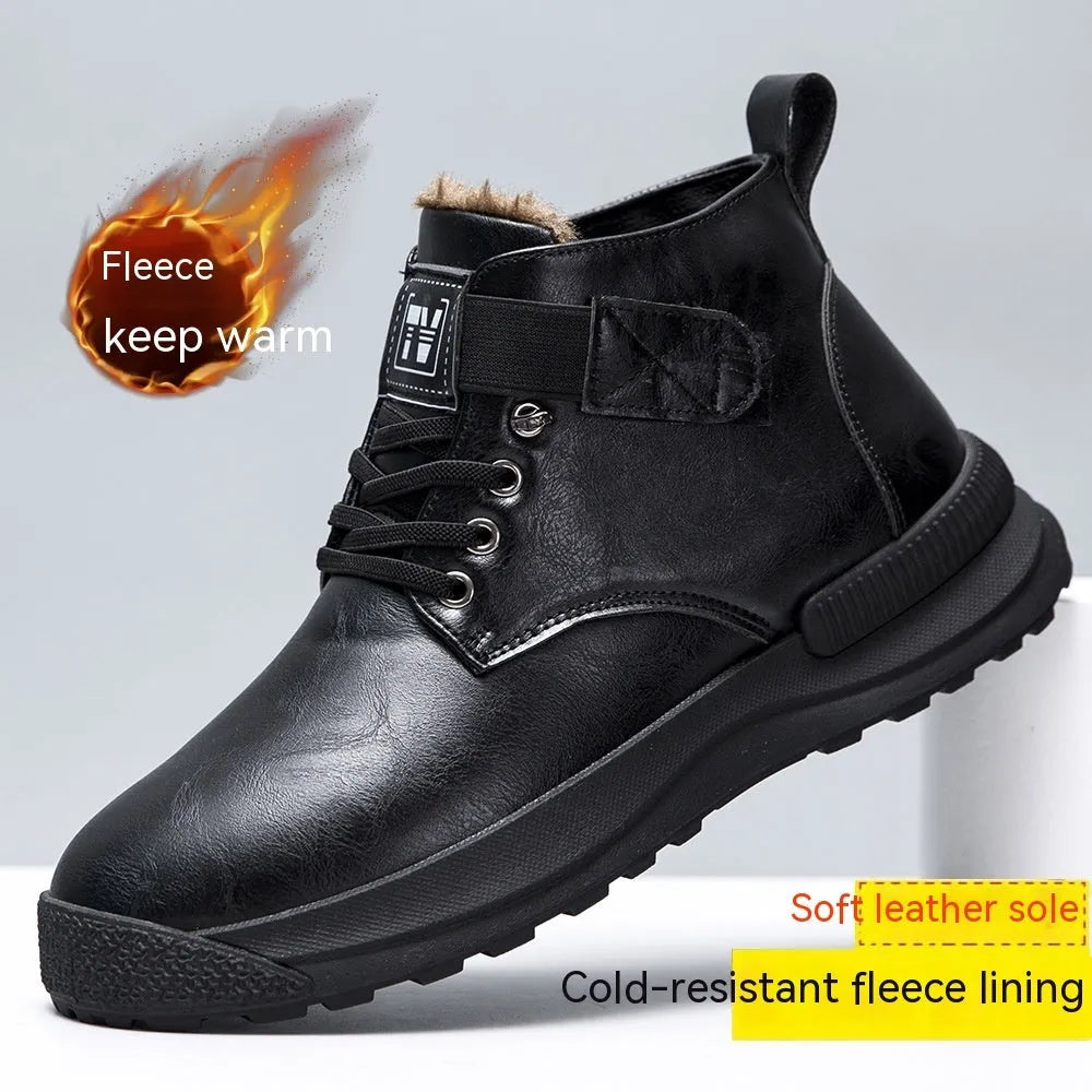 Men's high-top Martin boots in black with warm velvet lining, rubber sole, and visible sewing thread details.