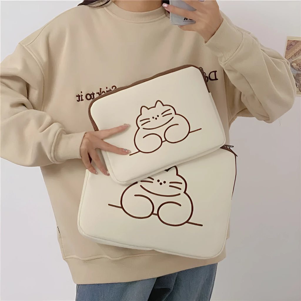 Embroidered animal tablet protective sleeve case with fat cat design in nylon material