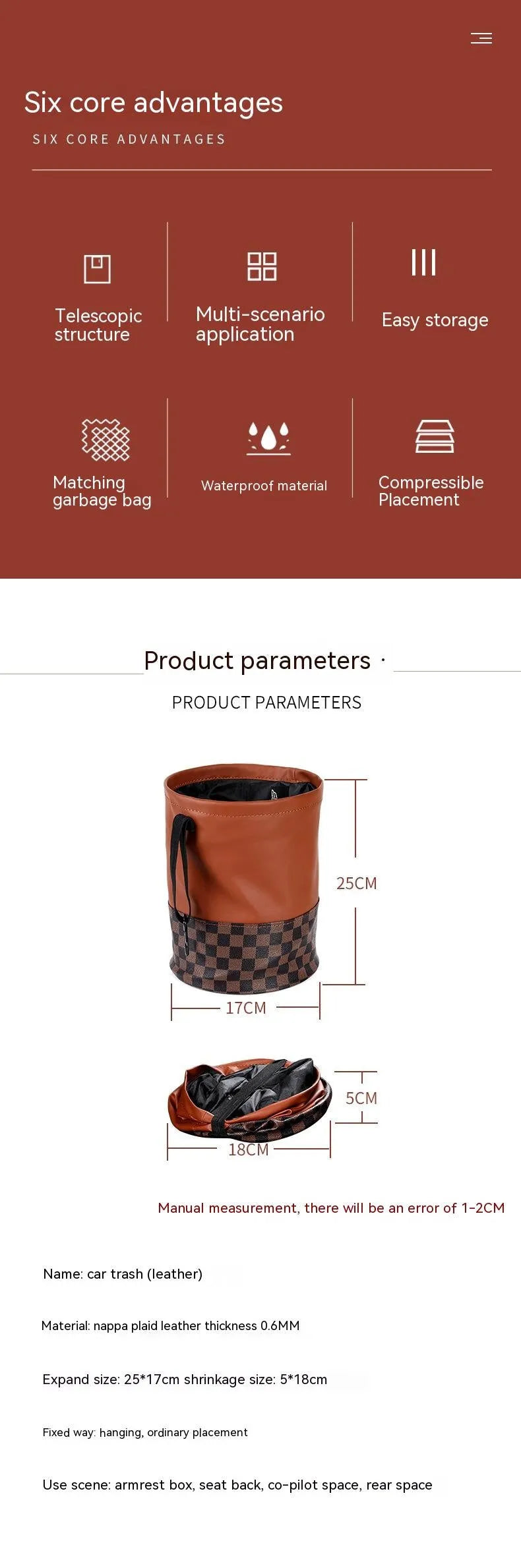 Leather retractable car trash can with handle shown in folded and open positions
