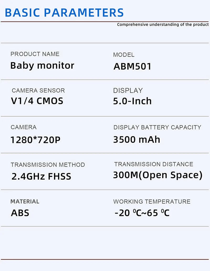 White 5-inch HD baby monitor with camera on a nursery shelf.