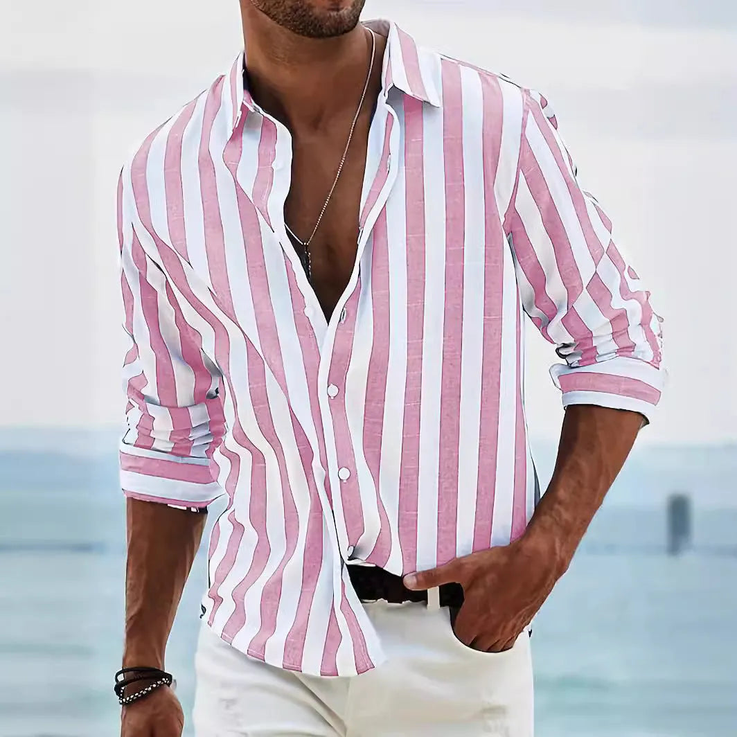 Man wearing a loose grey striped casual long-sleeved shirt with a cardigan style.