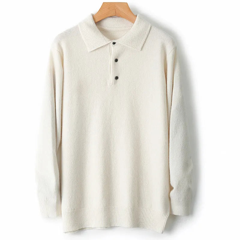 Men's grey woolen pullover sweater with a polo collar and long sleeves laid flat.