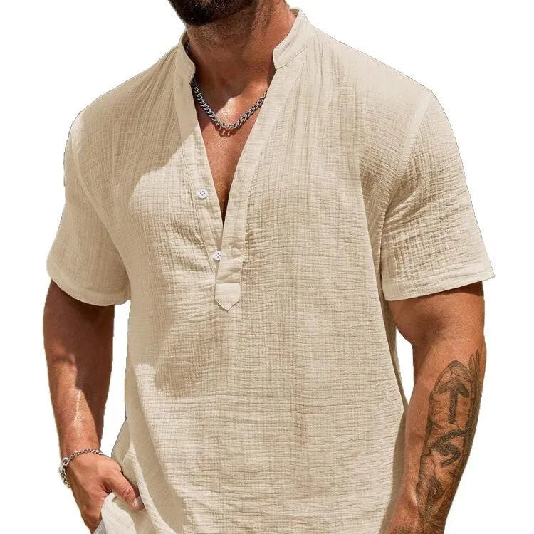 Men's solid colour short-sleeve casual shirt with a stand collar, shown in a light blue colour.