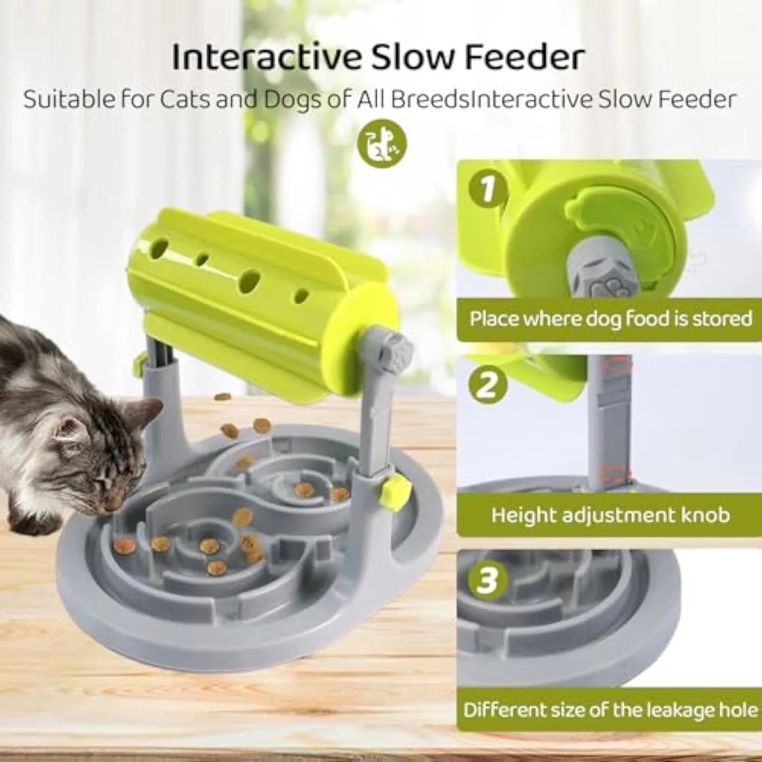 Adjustable height interactive pet food puzzle slow feeder in blue, green, or pink colours for dogs and cats