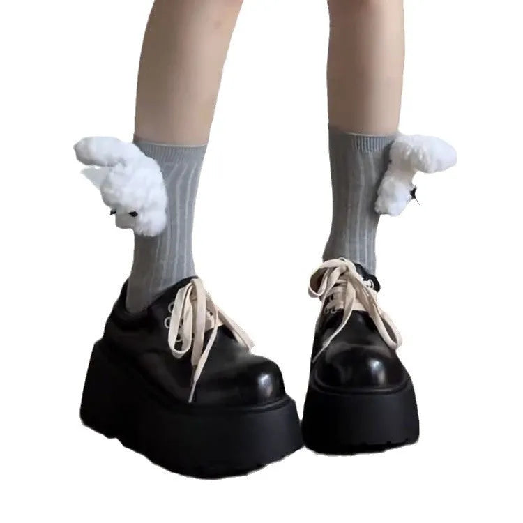 Matte black women's lace-up shoes with a thick rubber sole and a 6-8cm English muffin heel