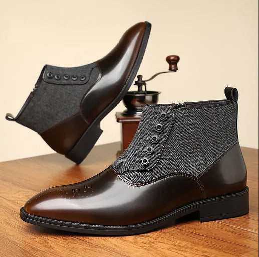 Men's brown and green retro-style formal shoes with side zipper and square toe.