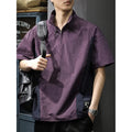 Brown men's half-zipped stand collar business shirt with short sleeves and fleece-lined construction