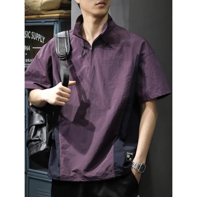 Brown men's half-zipped stand collar business shirt with short sleeves and fleece-lined construction