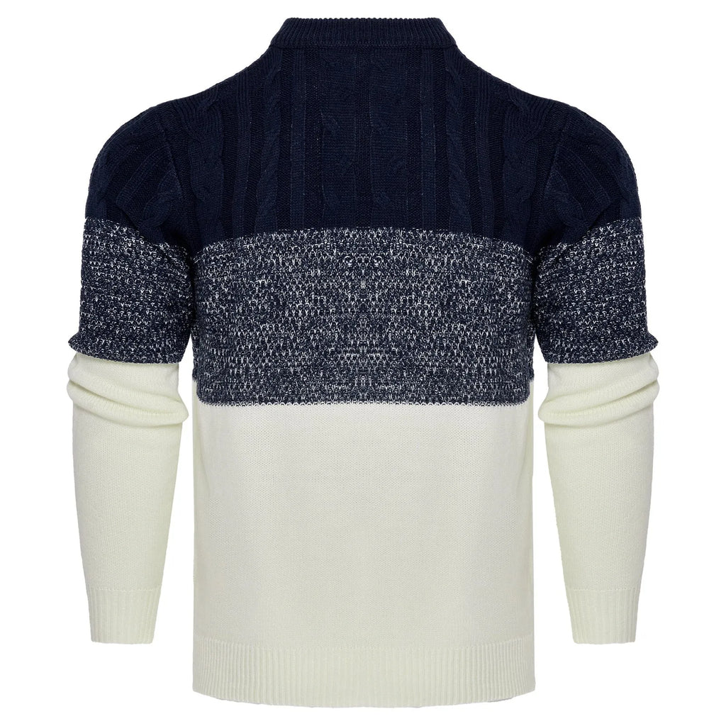 Man wearing a grey knitted crew neck pullover sweater with long sleeves.