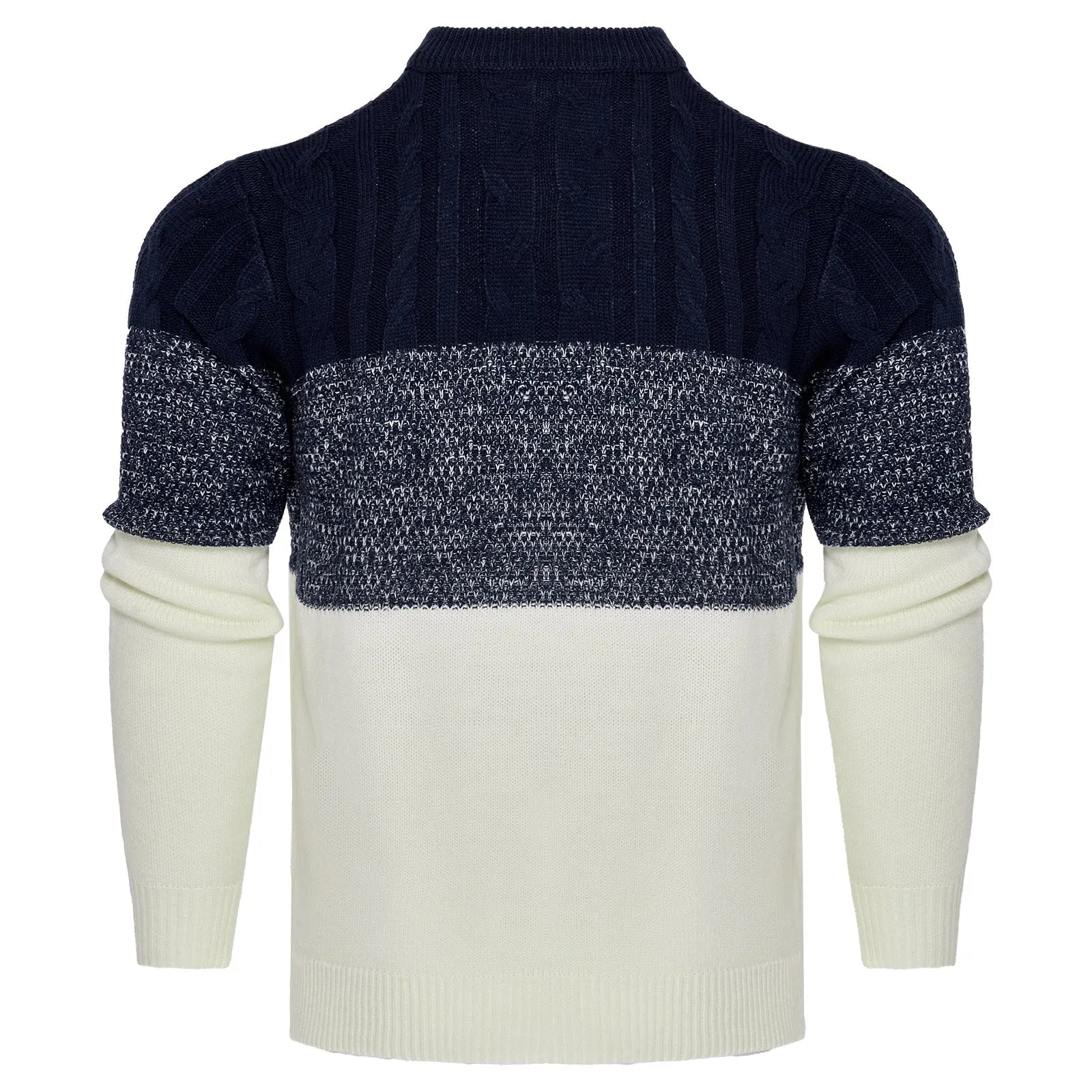 Man wearing a grey knitted crew neck pullover sweater with long sleeves.