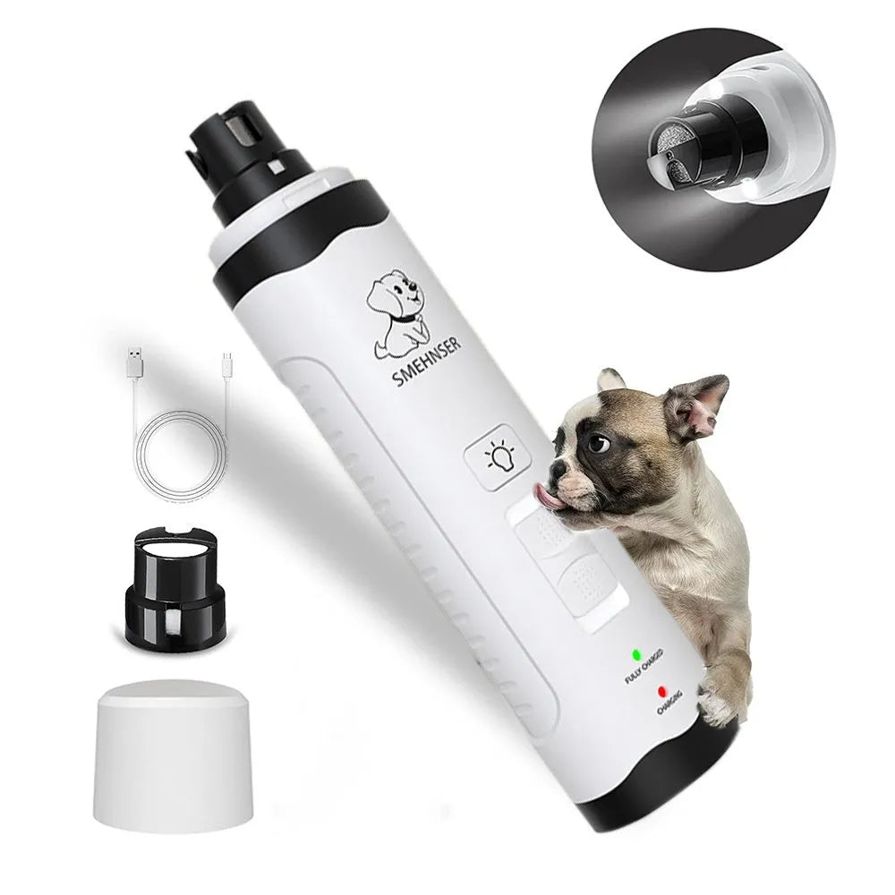 White and grey electric dog nail grinder with LED lights on a blue background