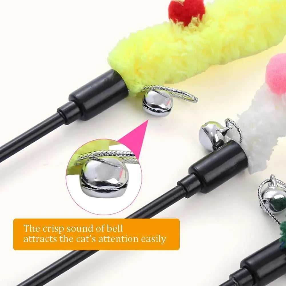Blue interactive cat teaser wand with long plush strip, fluffy ball, and bell on a 41cm pole.