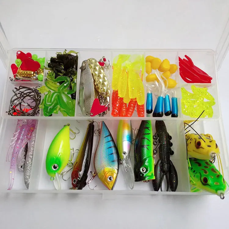 142-piece fishing lure set showing metal and plastic baits with sequins alongside fishing pliers