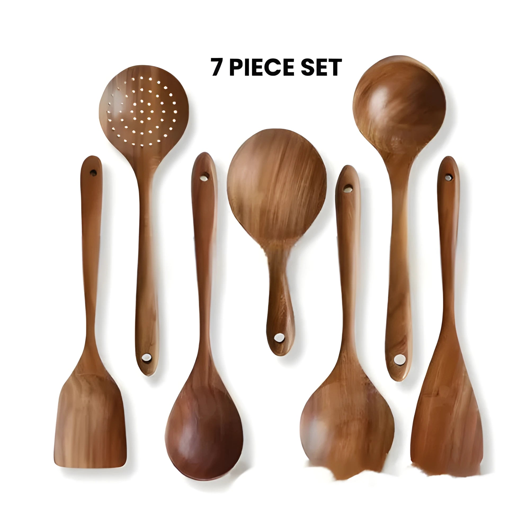 Seven-piece wooden kitchen utensil set with spoons and spatulas in natural finish