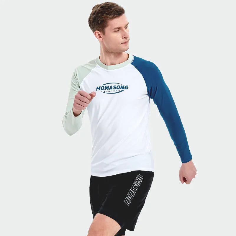 Men's white long-sleeve swim top with matching blue swimming trunks set for water sports