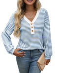 Women's loose fit V-neck patchwork pullover top in polyester imitation cotton fabric.