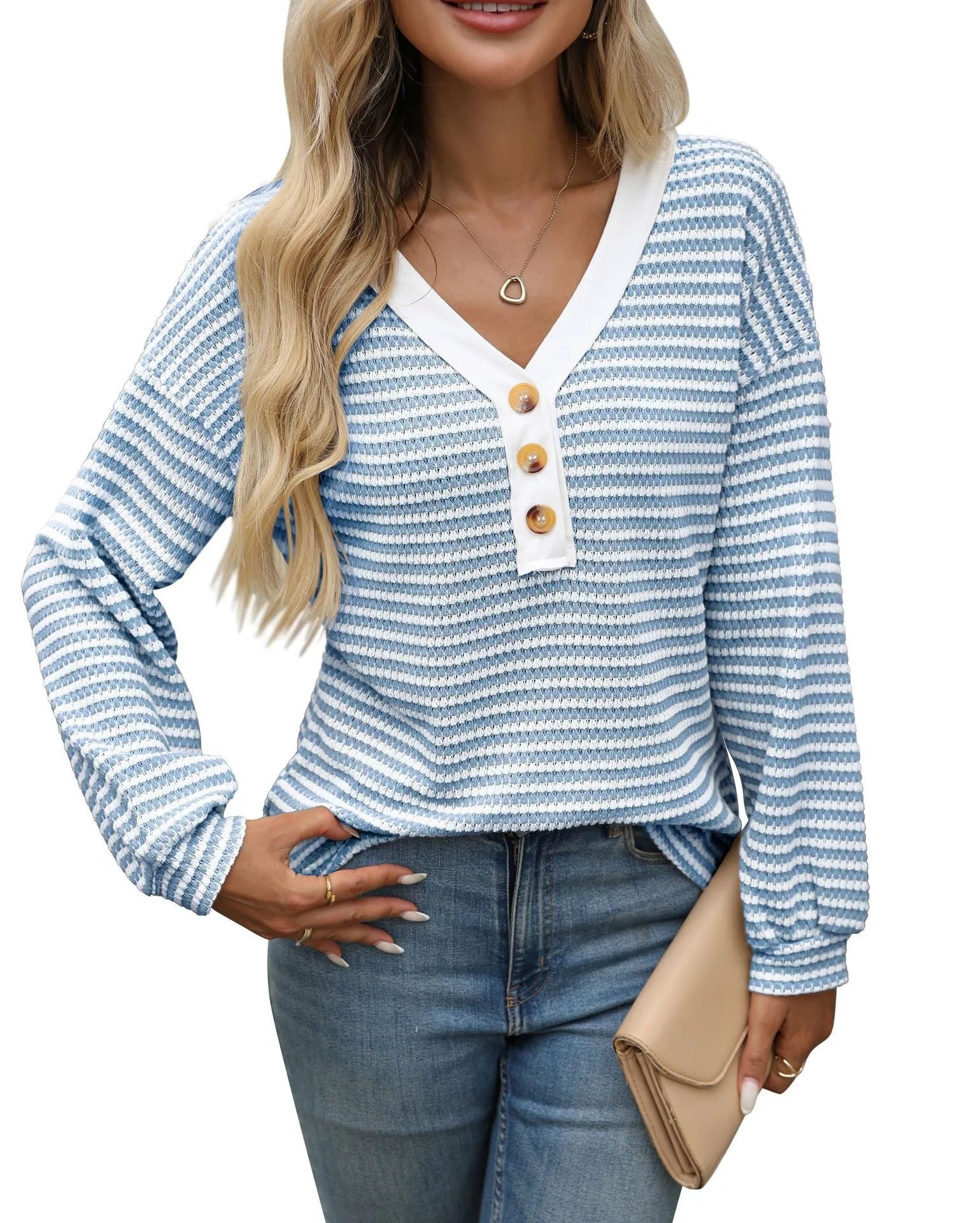 Women's loose fit V-neck patchwork pullover top in polyester imitation cotton fabric.