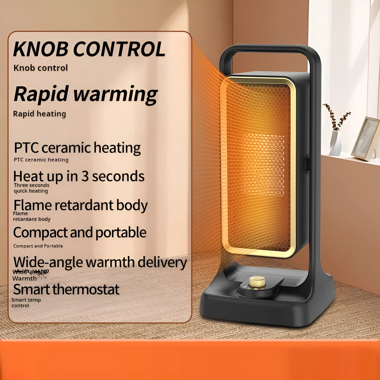 Black PTC ceramic desktop air heater measuring 14.9 x 11.1 x 33.5 cm