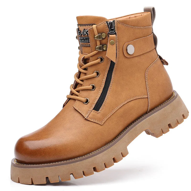 Men's brown leather high-top boots with side zipper and mid heel for height increase