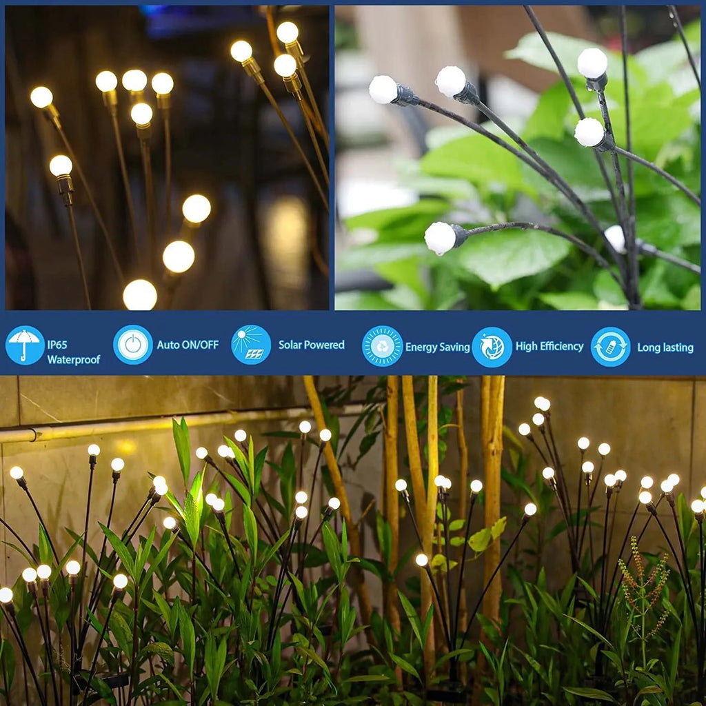 Solar-powered LED firefly ground lamp with multiple heads and ground spike for garden installation