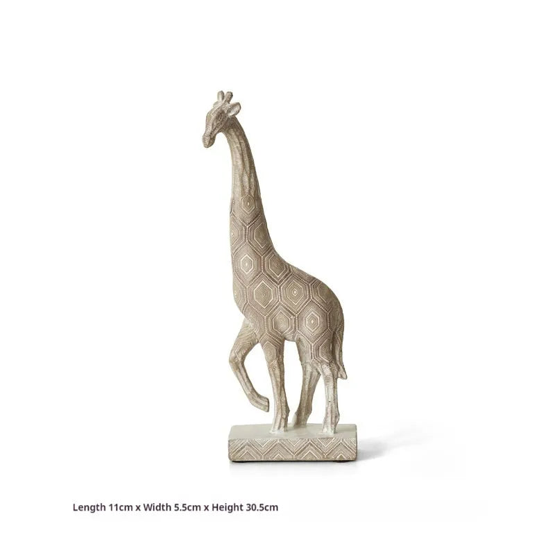 Wood colour synthetic resin giraffe decorative figure ornament on a shelf.
