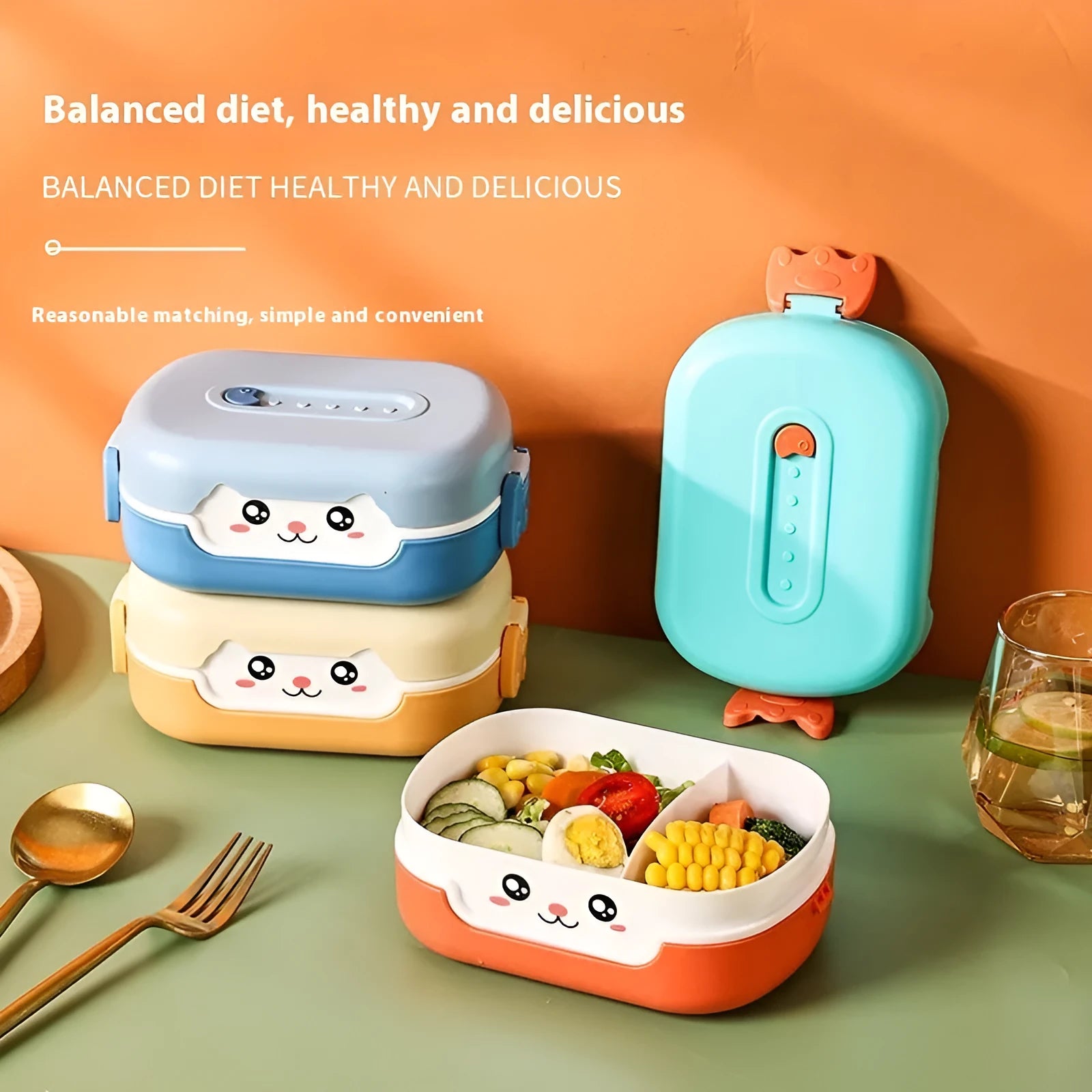 Square plastic divided lunch box with microwave-safe construction in dark blue, orange yellow or pink and green colours