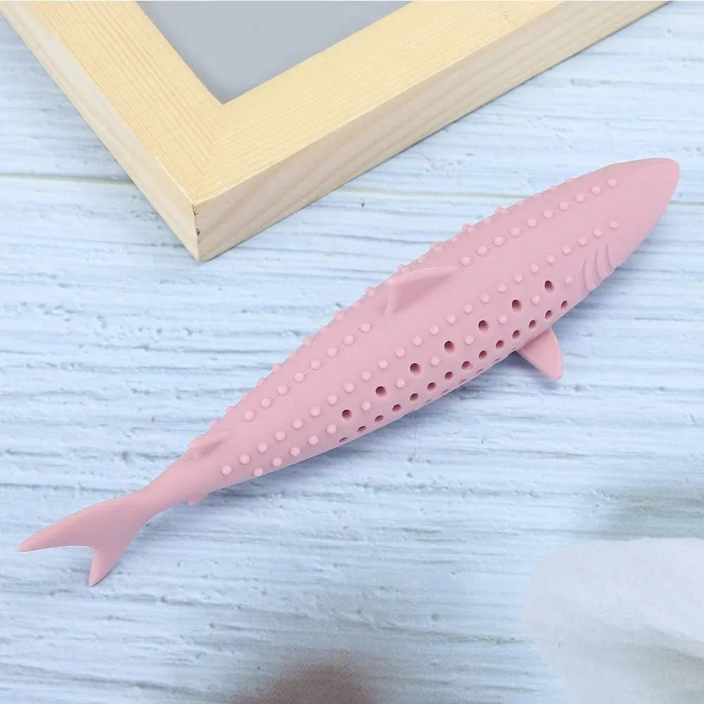 Silicone fish-shaped cat chew toy with side holes for catnip scent release in green colour