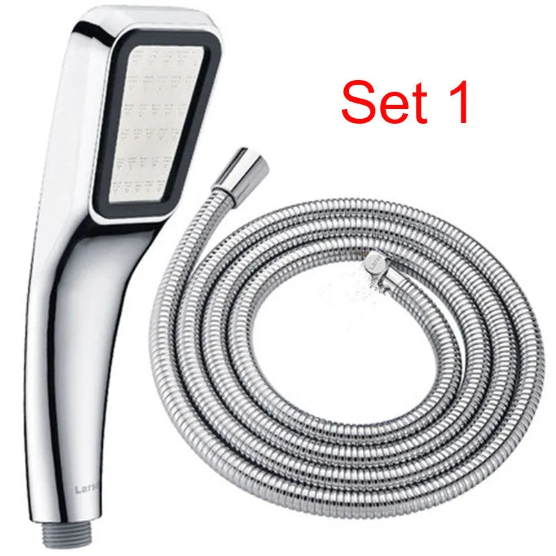 Orange hand-held pressurised shower set with rain function shower head and multiple components
