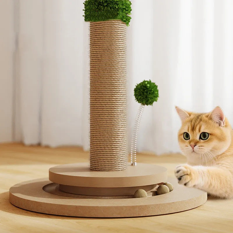 Vertical cat climbing frame with canna coloured chamfering grab column made from hemp rope