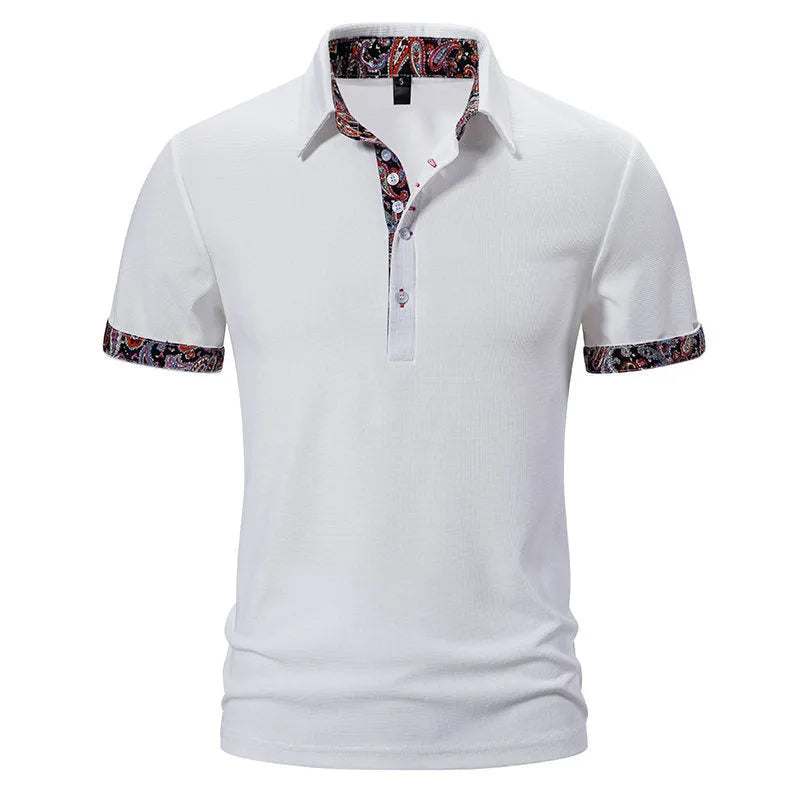 Men's polo shirt in a cotton blend fabric with colour stitching on the turnover collar and short sleeves.