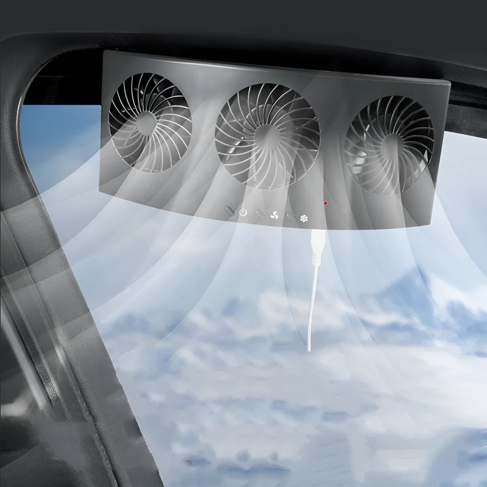 Black and white USB-powered car ventilation fan for exhaust odour removal on a car dashboard.