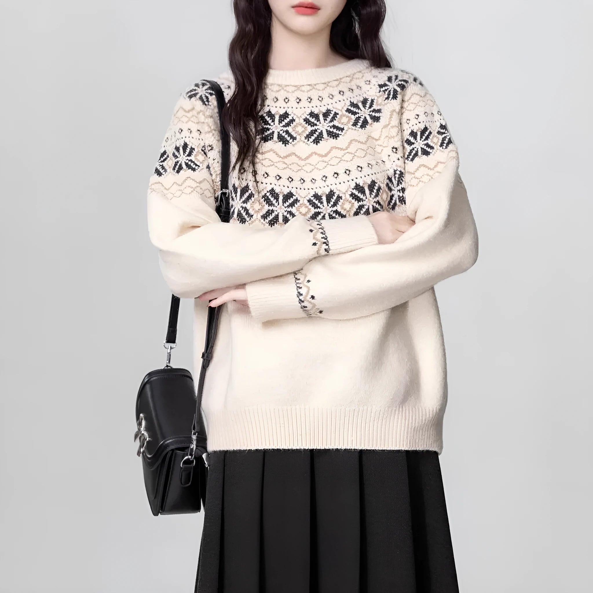 Women's milky white fair isle pullover sweater with geometric pattern, crew neck and long sleeves