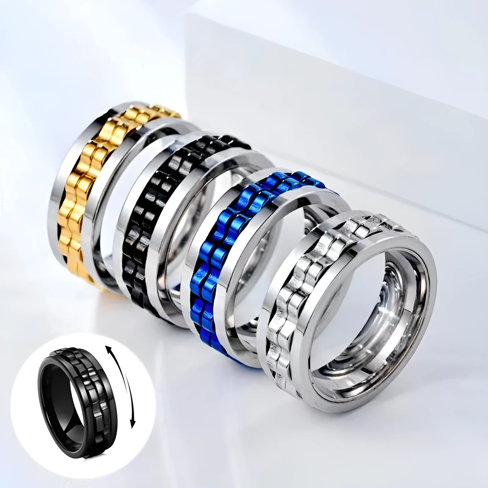 Titanium spinner square texture ring with rotating gear band, high polished finish, black colour option