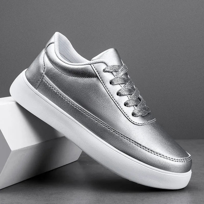 Women's leather flat casual shoes with lace-up front in gold colour