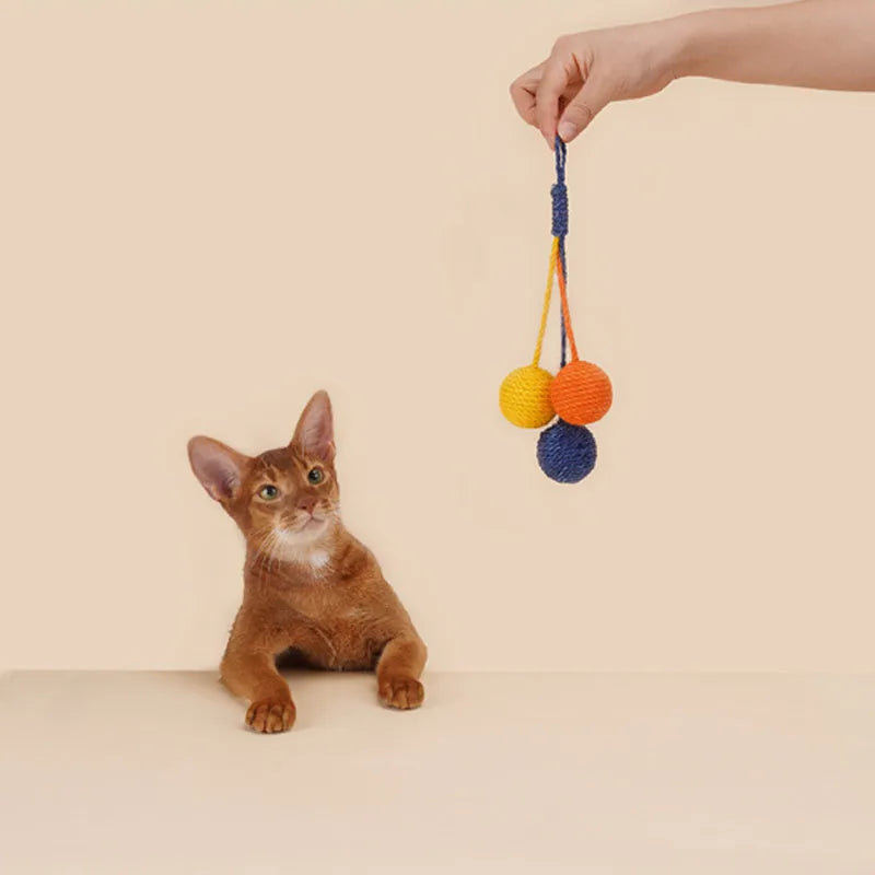 Cat toy set with blue bite-resistant teaser stick and catnip ball on white background