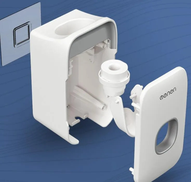 Automatic wall-mounted toothpaste dispenser in blue colour on a bathroom wall.