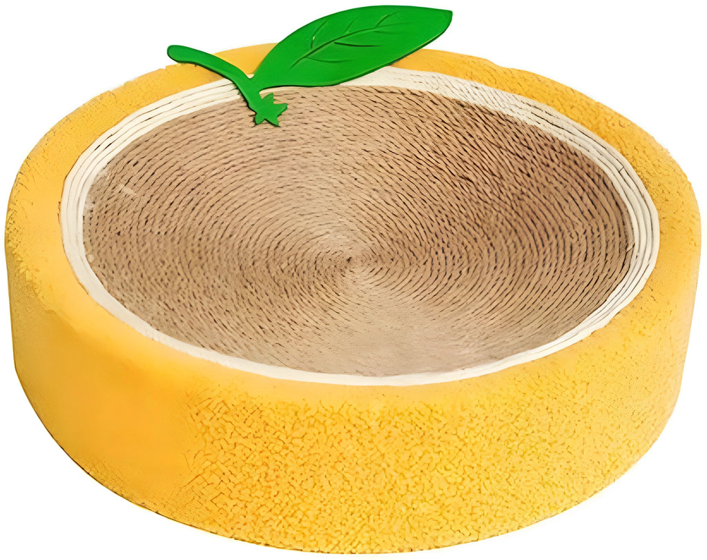 Yellow fruit-themed round sisal cat scratching board and bed for small cats.