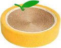 Yellow fruit-themed round sisal cat scratching board and bed for small cats.