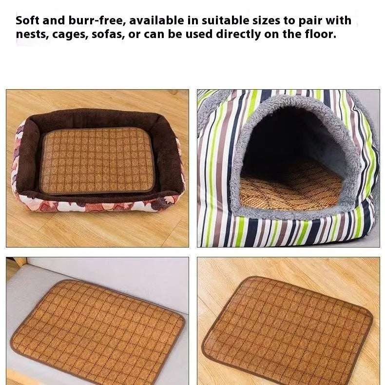 Brown rattan fibre summer pet cooling sleeping mat for dogs, available in sizes S to 3XL