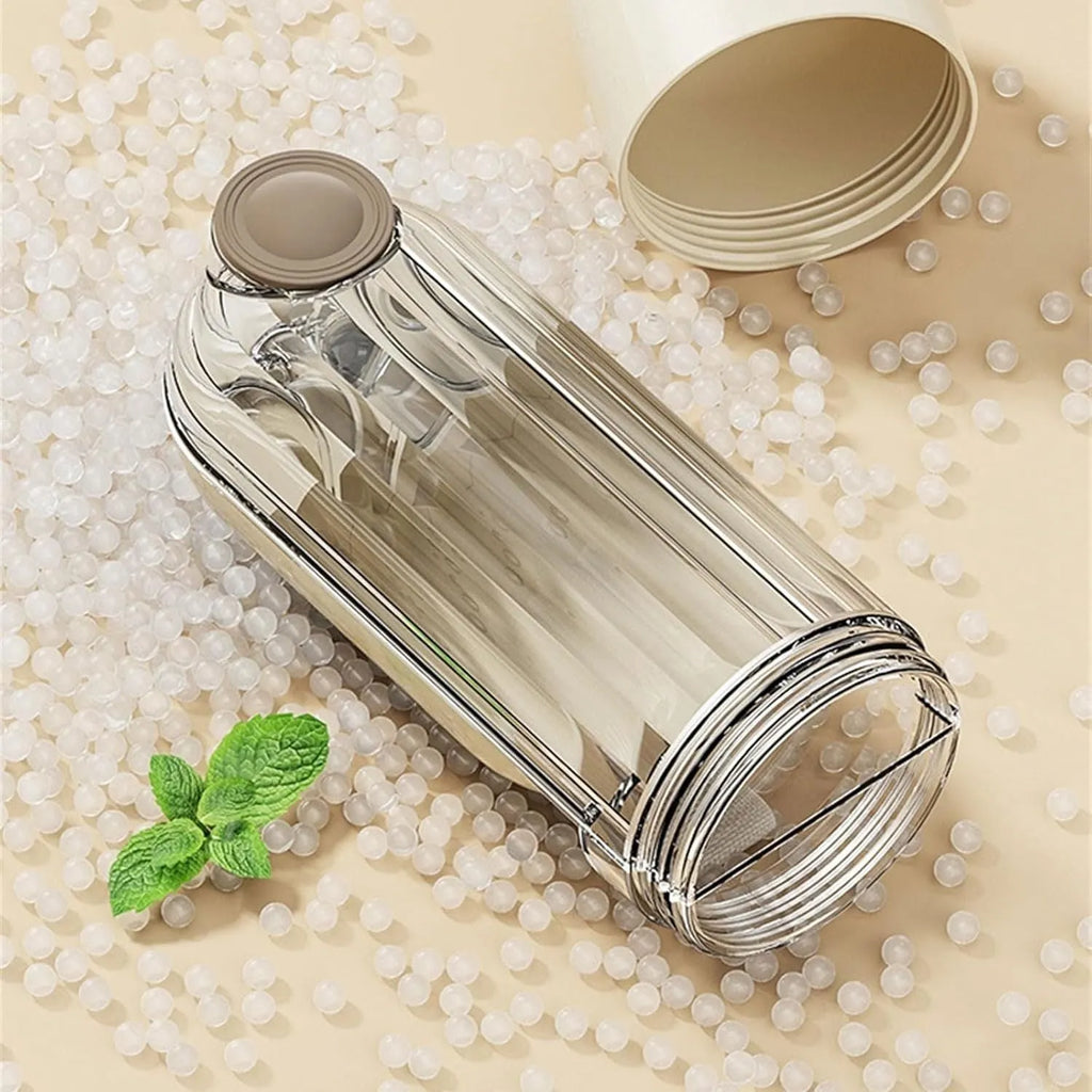 Beige or green foldable dog water bottle with food container, showing large drinking opening and compact size.