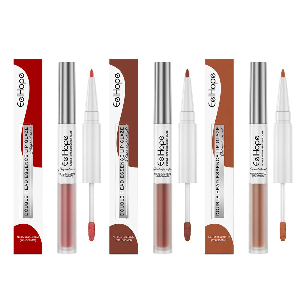 Double-headed lip liner and lip lacquer pen with three matte colour options