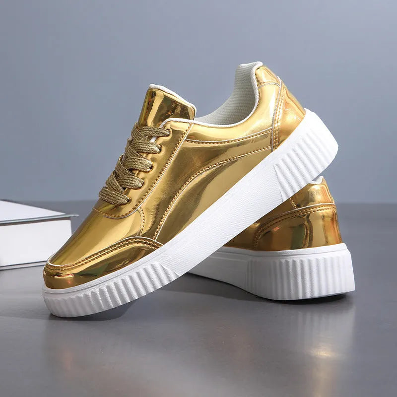 Rose gold sequin platform sneakers with round toe and 3-5cm wedge heel