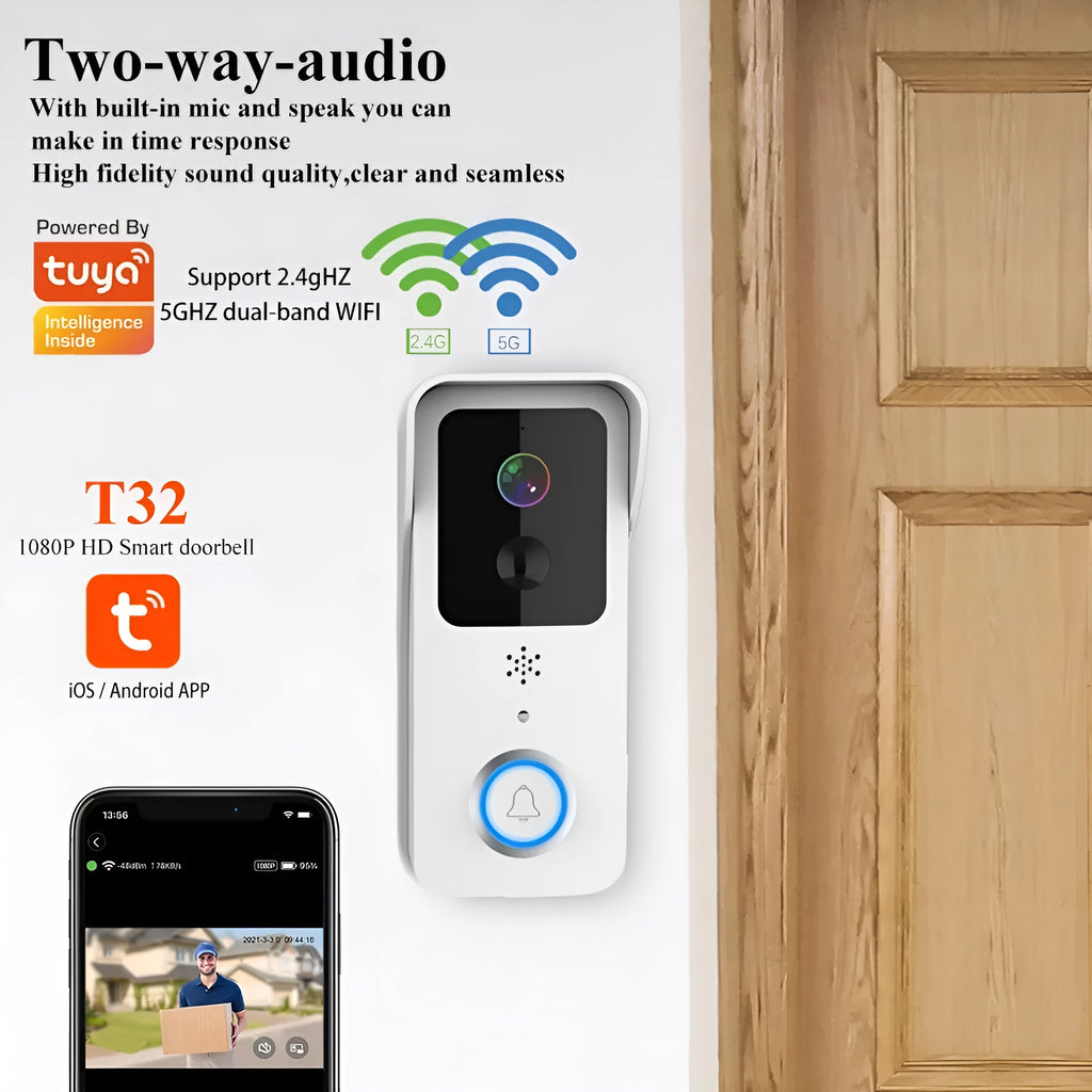 Black or white waterproof visual doorbell with HD camera lens and smart home security features